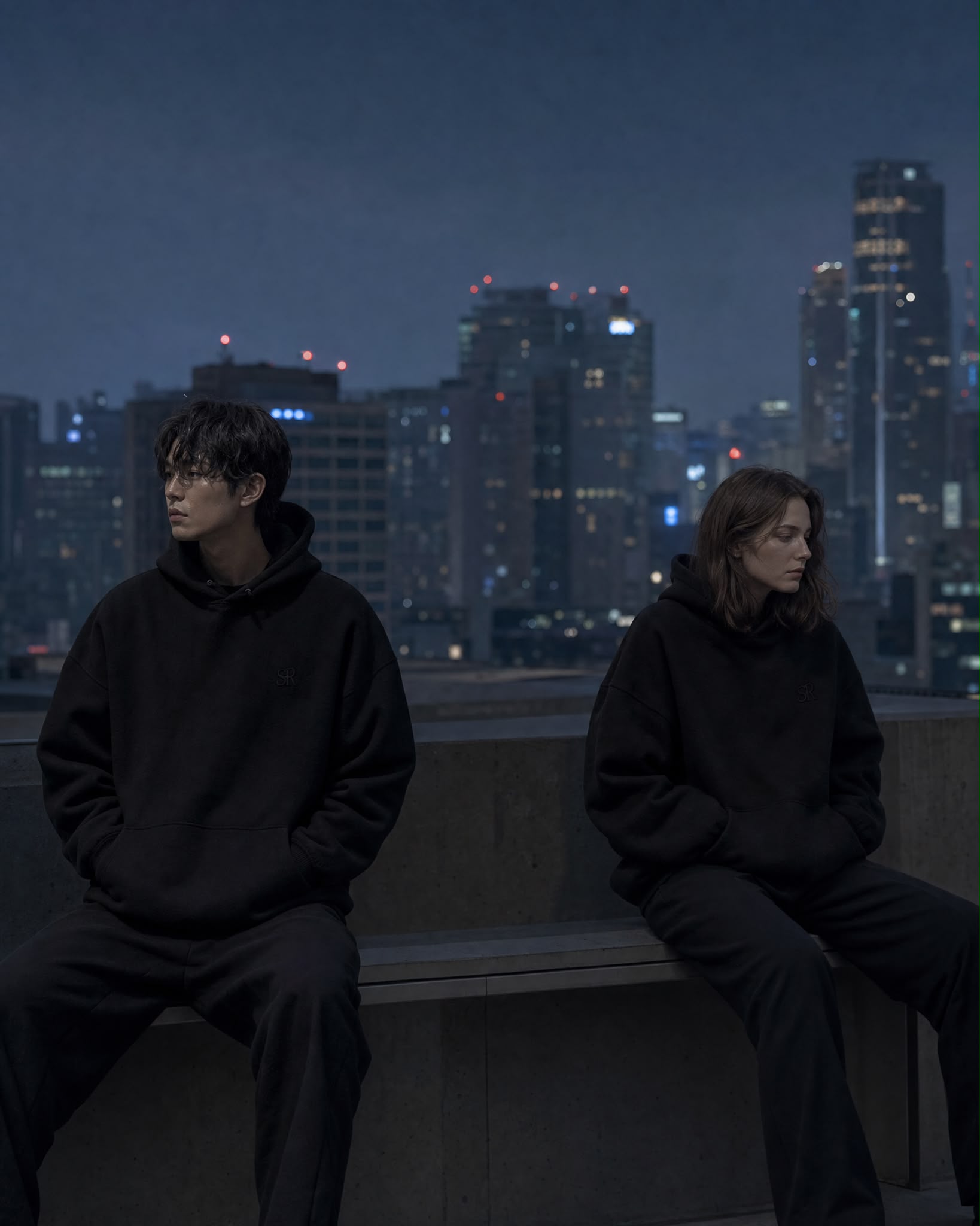 Deux personnes face à la skyline de Séoul la nuit